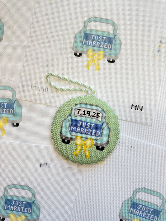 Just Married Teal Car Yellow Bow Canvas
